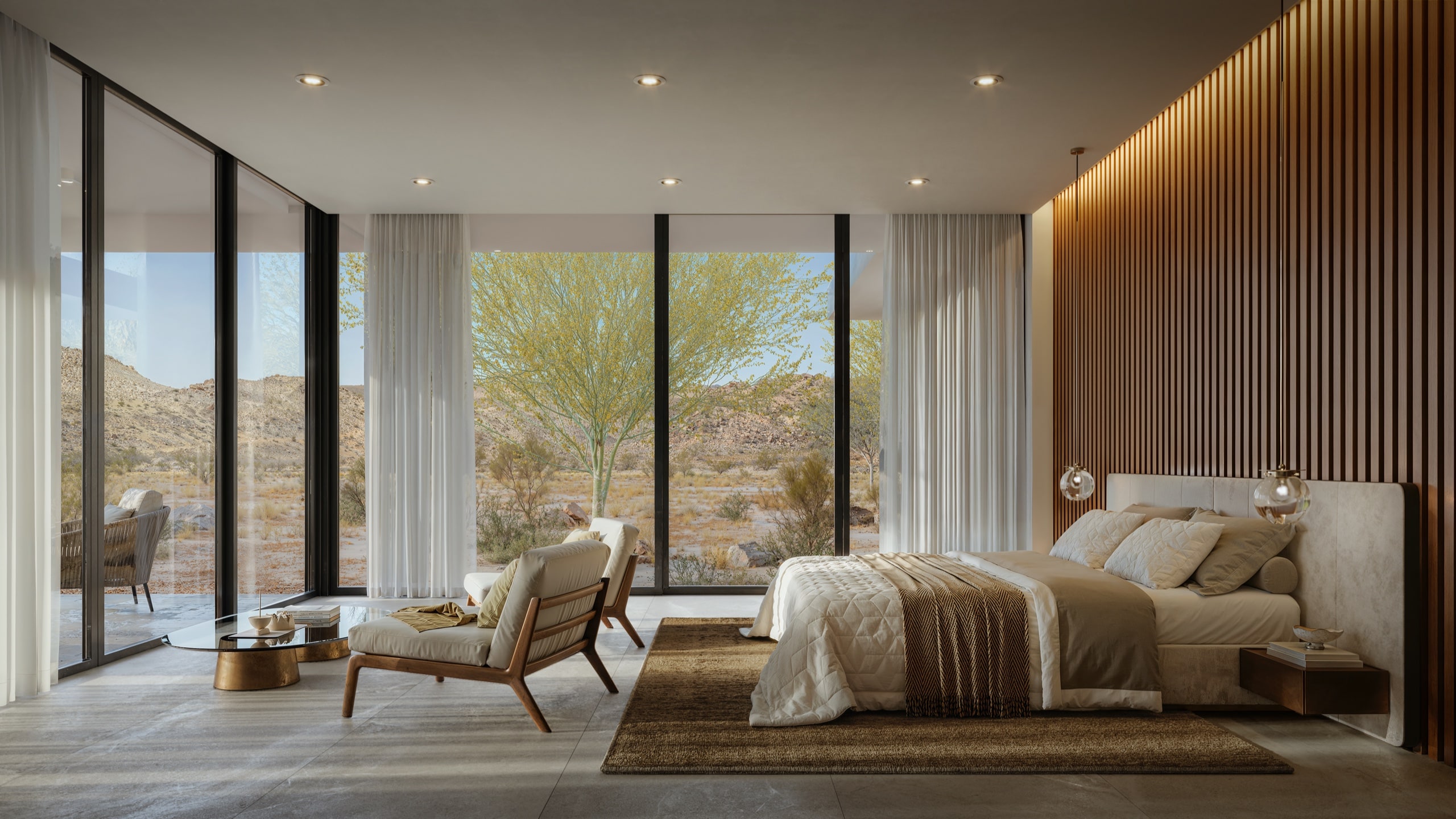 Rendering of a primary bedroom with floor-to-ceiling desert-facing windows and a wood-slatted feature wall