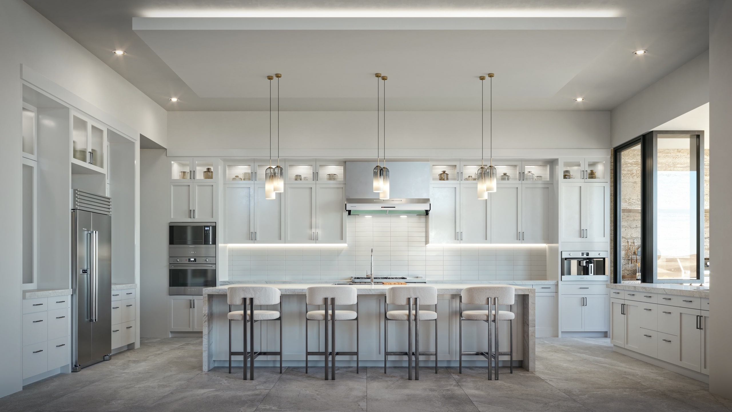 Rendering of a bright modern kitchen with white cabinetry, large island, and pendant lighting