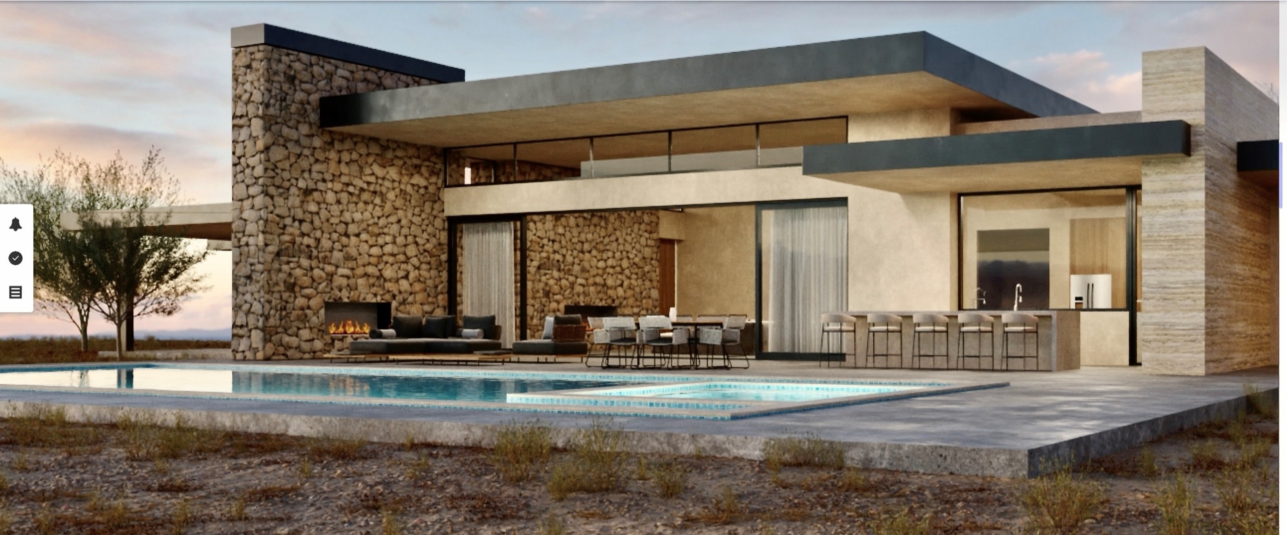 Proposed rendering: exterior view of the residence at dusk showing stone walls, deep overhangs, pool, and outdoor kitchen