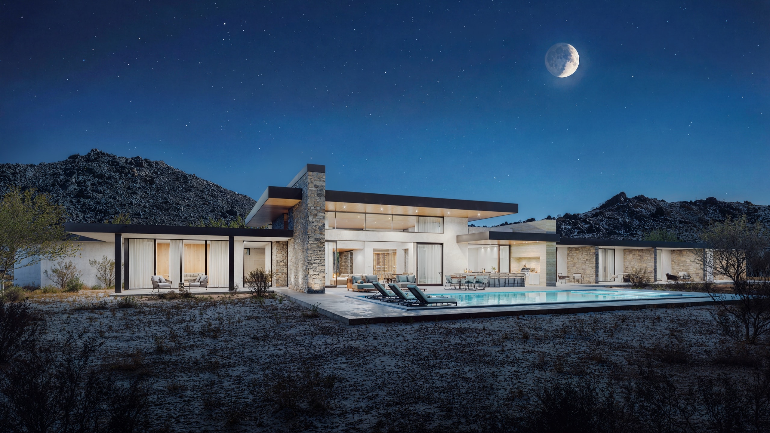 Proposed rendering: the residence at night with pool illuminated, moon rising over Bartlett Mountains